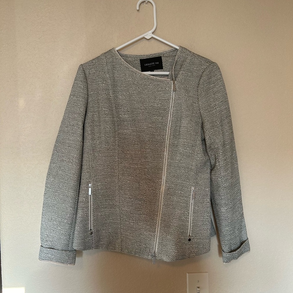 Lafayette 148 New York Asymmetrical Zip Textured Jacket Blazer 8 Gray Career